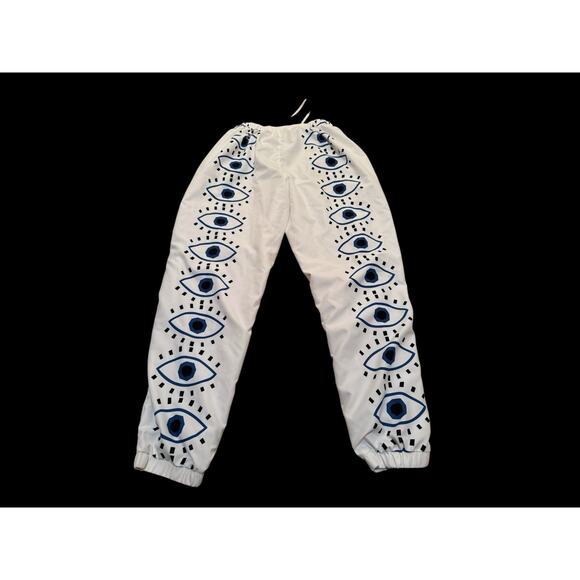 White Evil Eye Joggers Witchy Boho Whimsygoth Streetwear Festival Pants XL - Picture 4 of 12